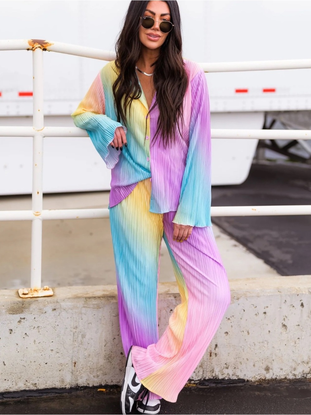 NWT Dressed In LaLa Long Sleeve Plisse Set Rainbow Daydream